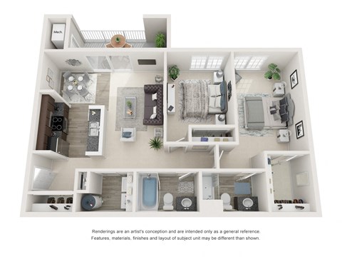 3D image 2 bedroom 2 bath floor plans.